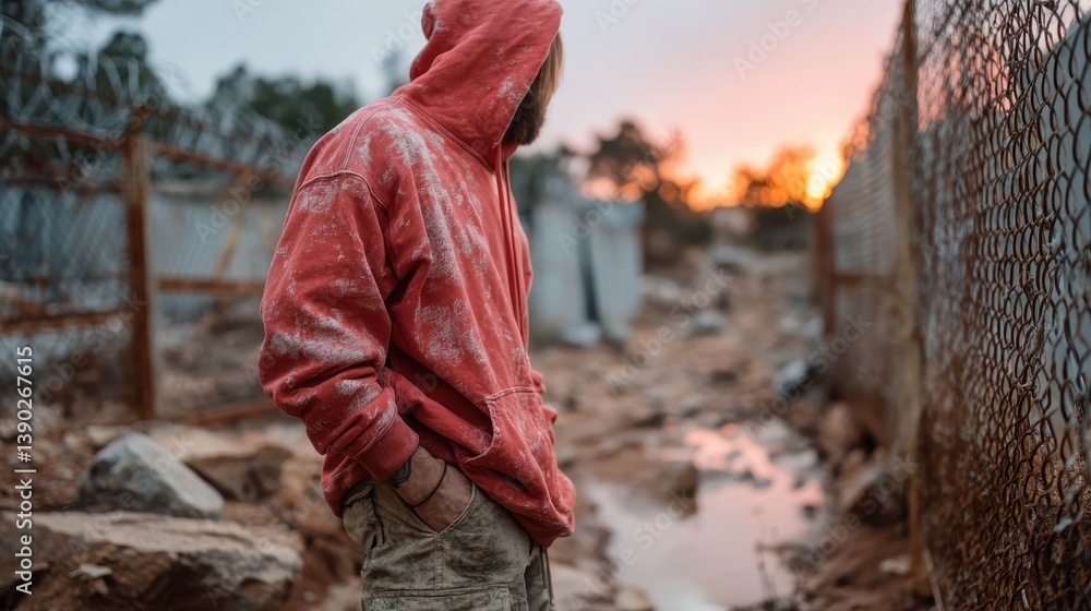 A contemplative figure wearing a hoodie stands in a gritty, dusty setting during sunset, reflecting themes of solitude and resilience in challenging environments. A contemplative figure wearing a hoodie stands in a gritty, dusty setting during sunset, reflecting themes of solitude and resilience in challenging environments.