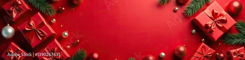 Red background filled with beautifully wrapped holiday gifts and shimmering ornaments,  festive,  ribbon
