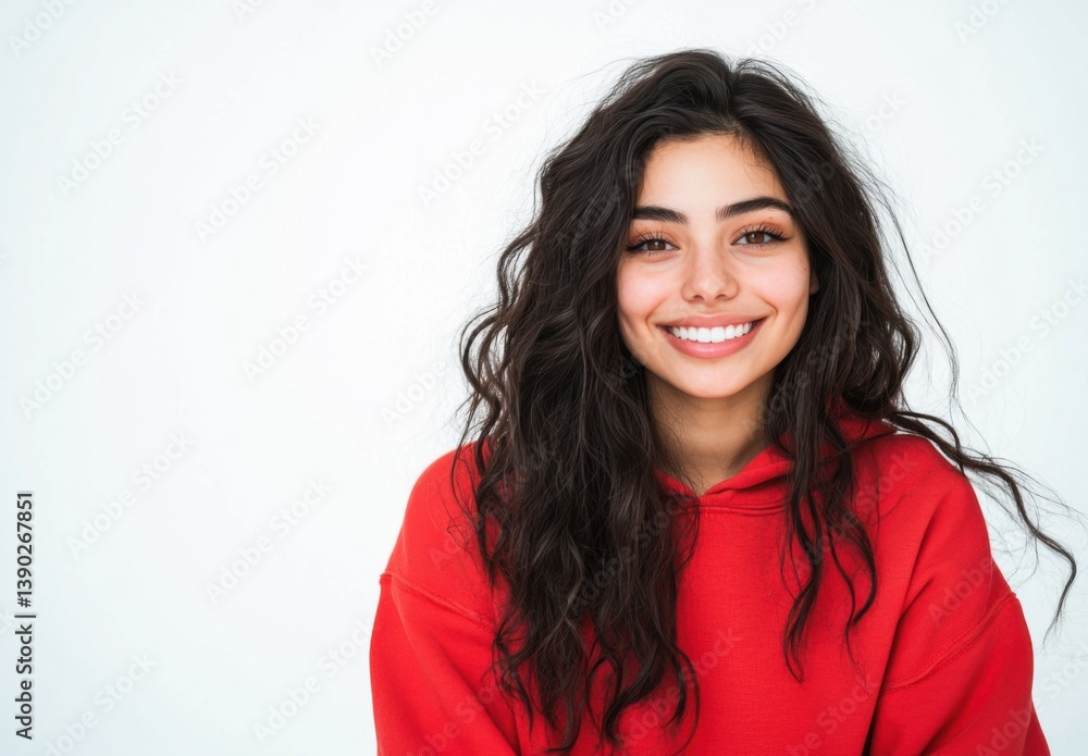 Smiling Young Woman with Long Curly Hair Wearing Red Hoodie Isolated on White Background Smiling Young Woman with Long Curly Hair Wearing Red Hoodie Isolated on White Background
