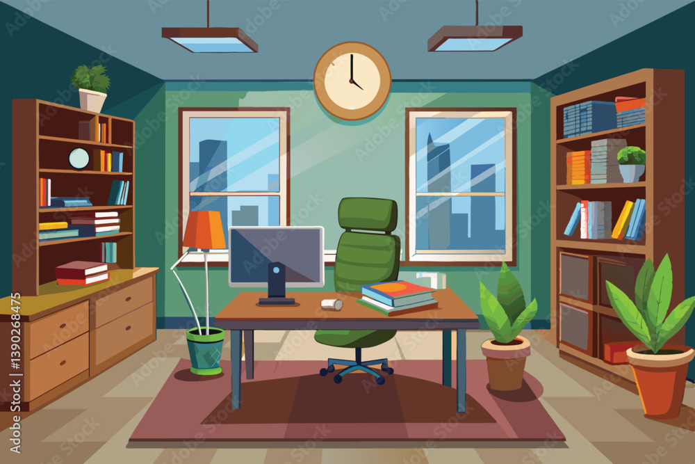 Fototapeta premium This cartoon image shows a modern home office with a desk, computer, chair, bookshelves, and plants. It has large windows overlooking a city skyline.