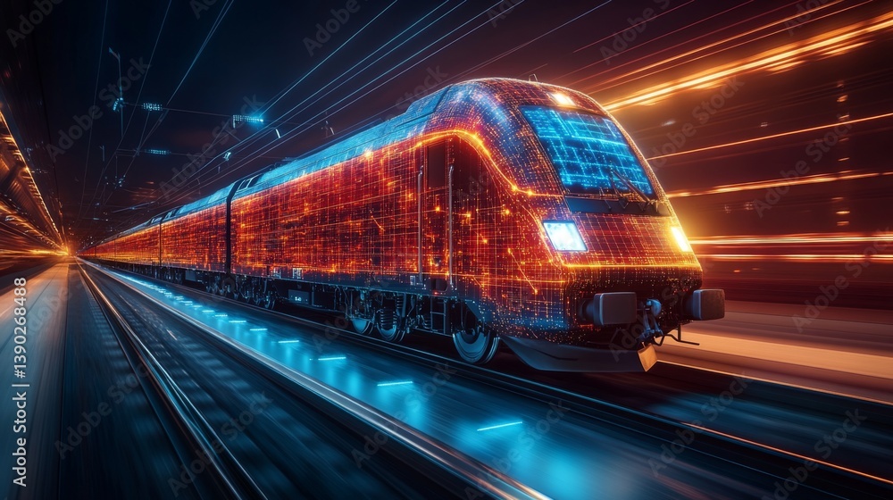 Naklejka premium High speed smart train equipped with advanced automation technology is traveling rapidly on urban rails at night. The train showcases vibrant digital patterns representing connectivity.