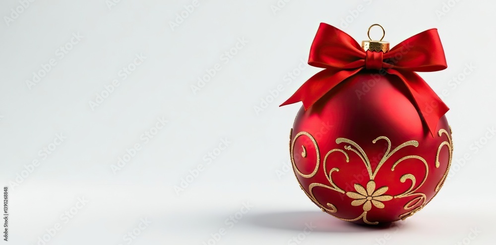 Red Christmas ball with elegant bow, intricate golden pattern, festive holiday decor, traditional, elegant Red Christmas ball with elegant bow, intricate golden pattern, festive holiday decor, traditional, elegant