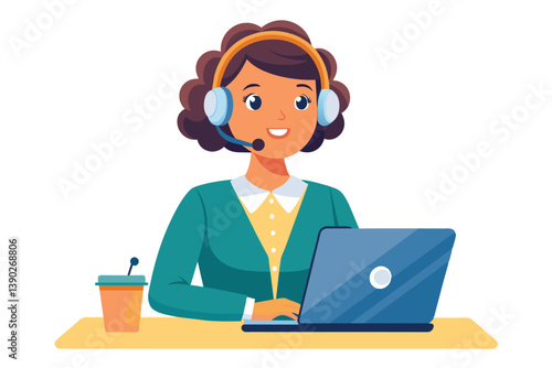 A cartoon illustration of a woman wearing a headset and smiling while working on a laptop at a desk.