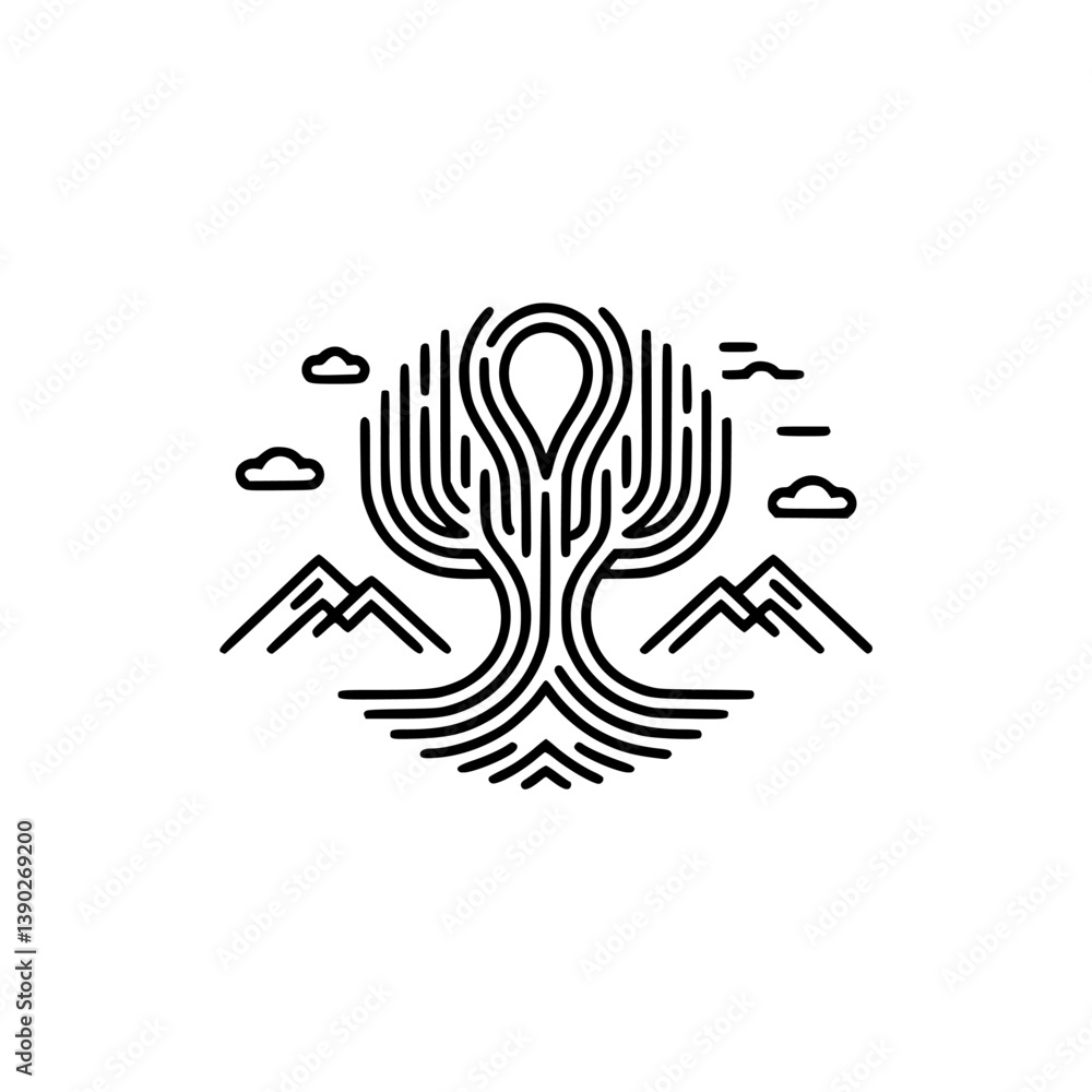 Minimalist Tree of Life Logo with Mountains, Clouds, and Geometric Design Minimalist Tree of Life Logo with Mountains, Clouds, and Geometric Design
