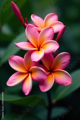 Plumeria flowers in full bloom with vibrant colors,  fragrant,  frangipani
