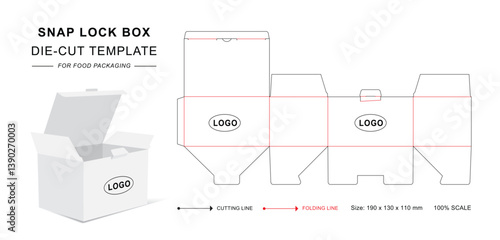 Box die cut template with snap lock and 3D blank vector mockup for food packaging