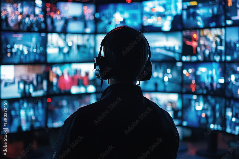 A person looking at multiple television screens in a dark room, with intense concentration and illuminated by the screens' glowing light. A person looking at multiple television screens in a dark room, with intense concentration and illuminated by the screens' glowing light.