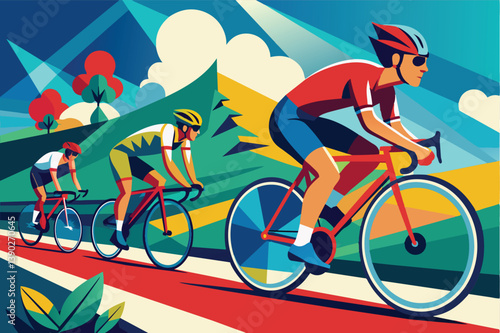 Obraz na płótnie A digital illustration depicting three cyclists racing through a vibrant landscape with blue skies, green hills, and colorful geometric patterns. w salonie