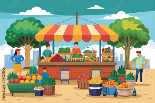 A brightly colored illustration depicting a farmers market stall selling fresh produce, fruits, and vegetables. The stall is located in a city park with trees and people shopping.