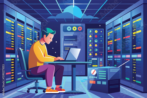 In a server room, a man works on a laptop at a desk surrounded by server racks, lights, and screens. A cloud icon on the ceiling symbolizes cloud computing.