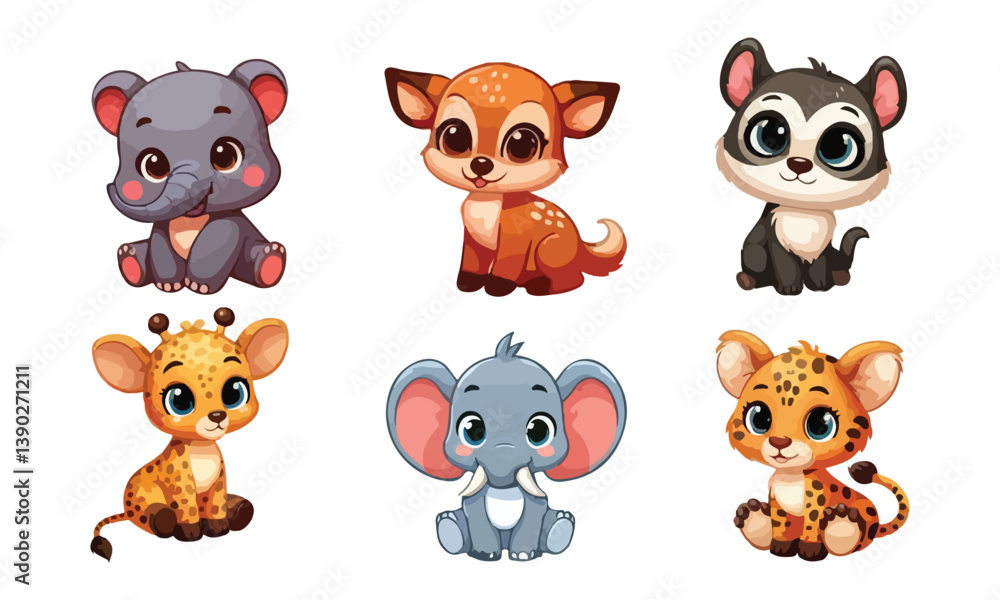 Fototapeta premium Set of cartoon characters of baby animals. Set of baby animal icons isolated on white background. Cartoon characters design. Color illustration of wild animal world. Vector illustration