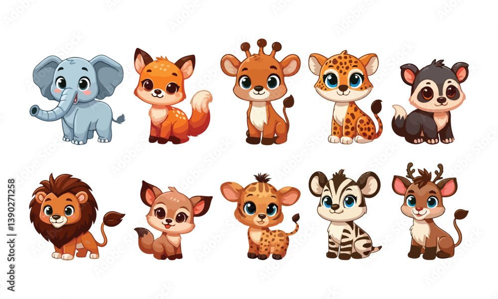 Obraz premium Set of cartoon characters of baby animals. Set of baby animal icons isolated on white background. Cartoon characters design. Color illustration of wild animal world. Vector illustration
