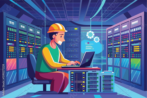 A cartoon illustration depicting a server room technician working on a laptop in front of a row of servers.
