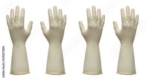 Four pairs of sterile butyl rubber gloves against a stark white backdrop