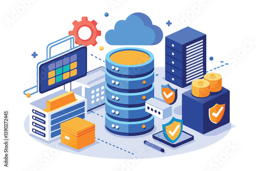 Illustration of a secure cloud server infrastructure with data security and protection features, including multiple servers, a cloud icon, security shields, and data protection elements.