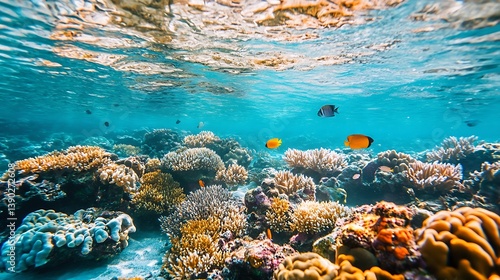 Fototapeta Naklejka Na Ścianę i Meble -  Vibrant underwater coral reef scene with colorful fish swimming.