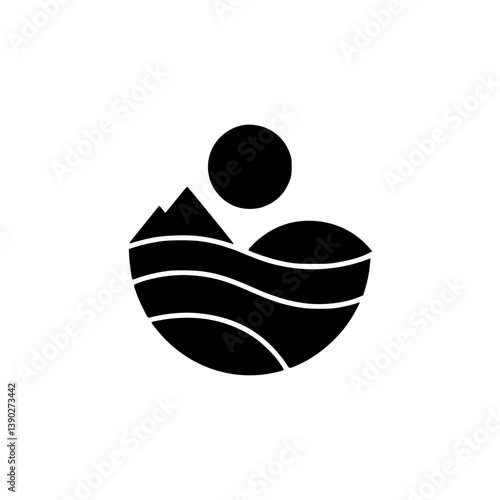 Abstract Black Nature Icon: Mountain, Sun, Waves, and Eco Logo Design