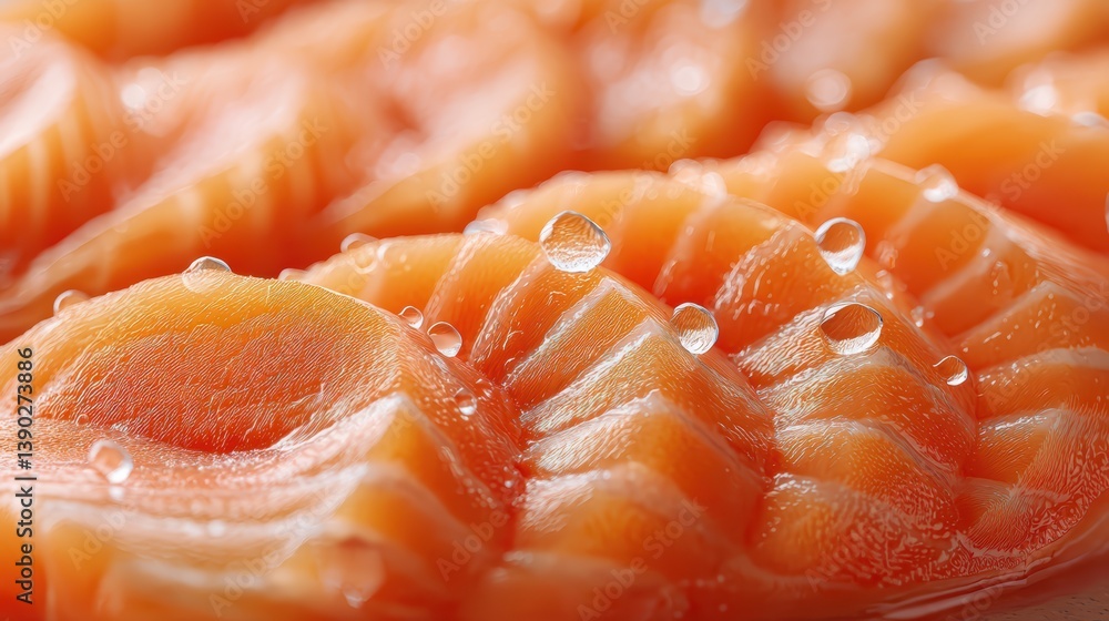 Fresh Salmon Slices Close-Up: Vibrant Orange, White Marbling, and Dew Drops. Fresh Salmon Slices Close-Up: Vibrant Orange, White Marbling, and Dew Drops.