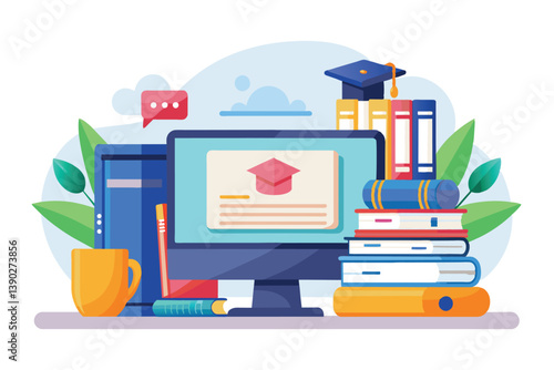 A desktop computer with a graduation cap icon on the screen, a stack of books, and a pencil on a desk with a yellow cup and green plants.
