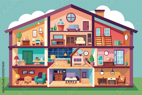 A cartoon illustration of the interior of a modern home, showcasing the different rooms and furniture, including a living room, kitchen, bedroom, and bathroom.