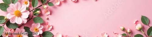 Round frame created with delicate flower petals and lush green leaves on a soft pastel pink background,  soft,  artistic