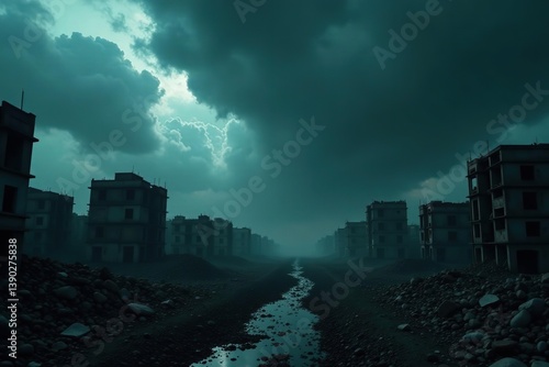 Ruined cityscape under dark storm clouds depicting haunting aftermath of conflict and climate change,  destruction,  stormy