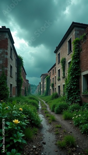 Ruined landscape with crumbling buildings, overgrown vegetation, and stormy skies, wasteland,  climate change