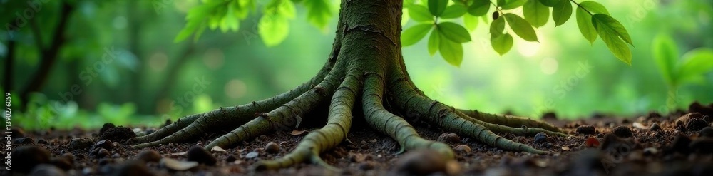 Fototapeta premium Intricate, gnarled root system emerging from earth , roots, macro