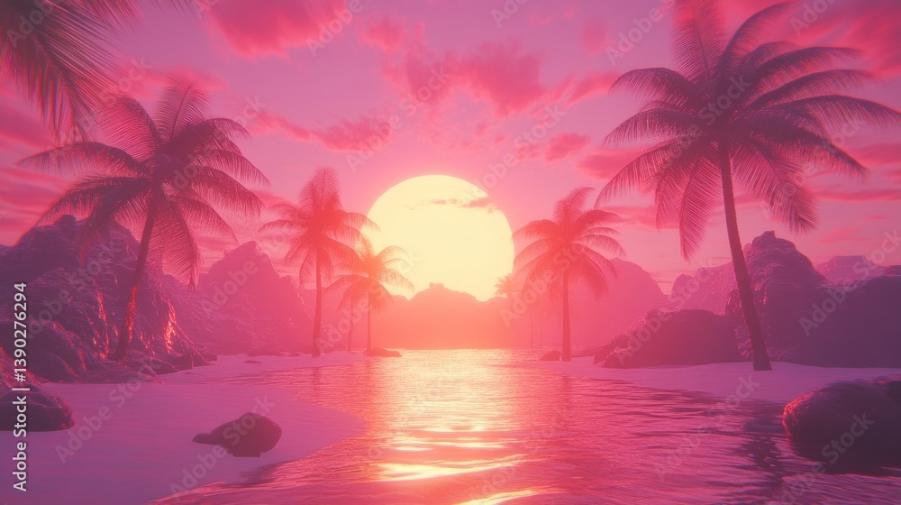 A beautiful tropical beach scene featuring the sun and palm trees A beautiful tropical beach scene featuring the sun and palm trees