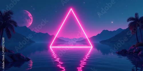 Retro futuristic triangular neon frame on lake synthwave style background forced perspective,  futuristic,  triangular