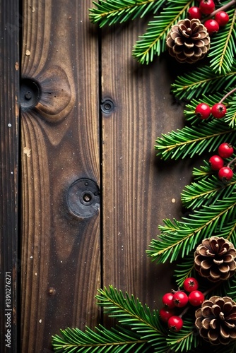 Rustic Christmas wooden background with pine cones, berries, and fir leaves,  berries,  holiday