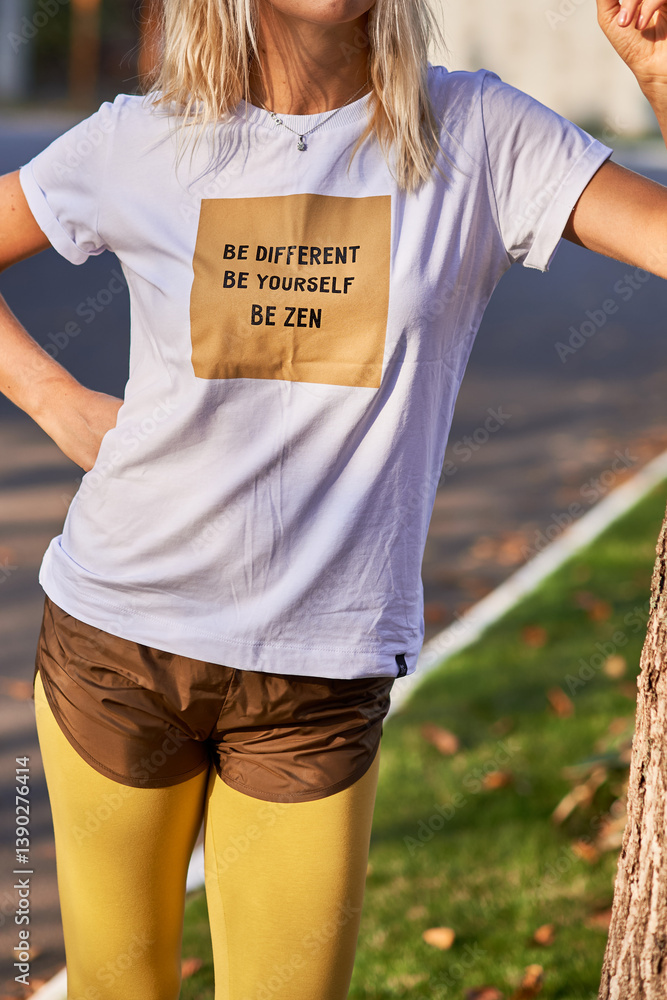 Inspirational Message on T-Shirt, Casual Style, Motivation, Blonde Woman, Outdoor, Inspirational Clothing Concept