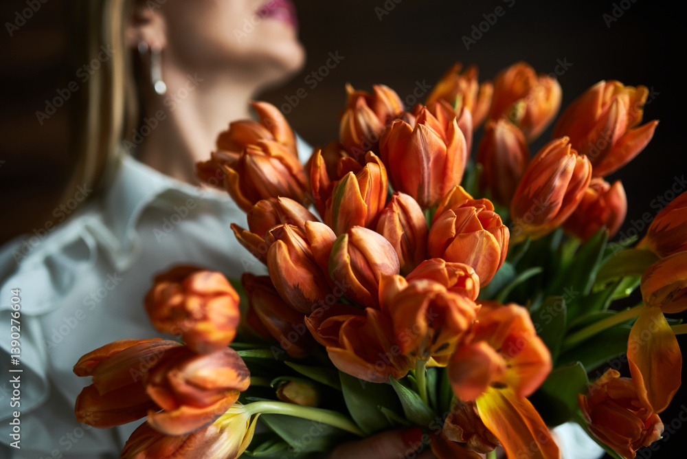 Vibrant orange tulips held by woman in soft light, close up of floral arrangement, springtime freshness concept