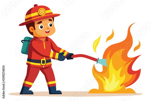 A cartoon illustration of a smiling firefighter holding a hose and aiming it at a fire.