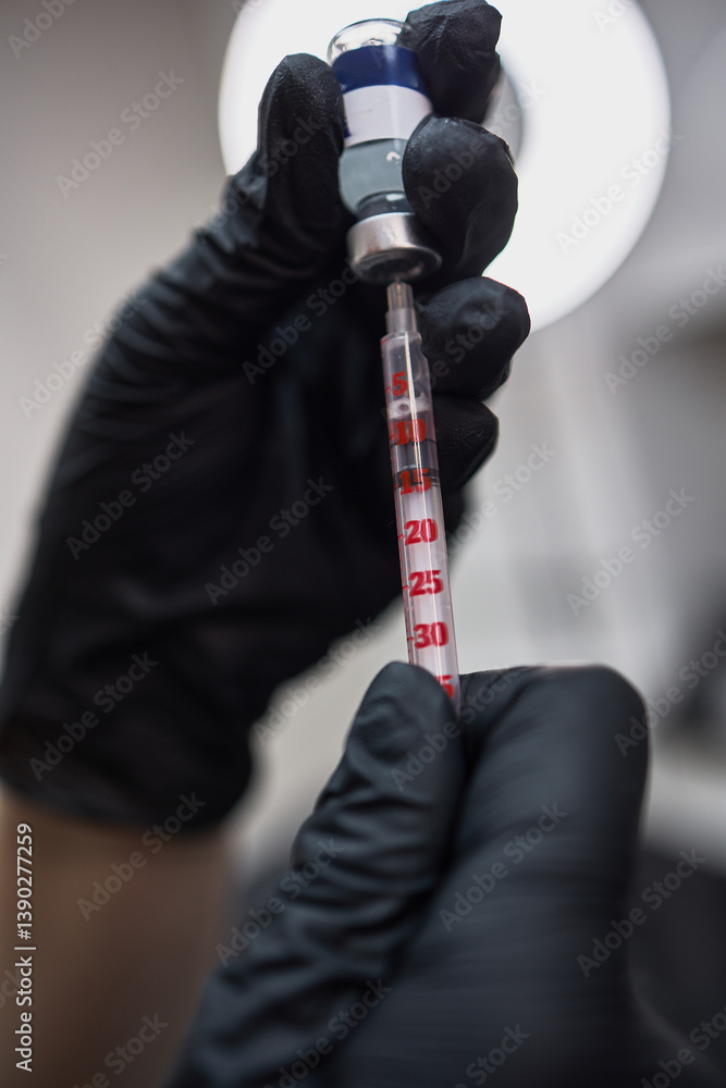 Hands in black gloves holding syringe and vial, precise medical procedure equipment, healthcare concept
