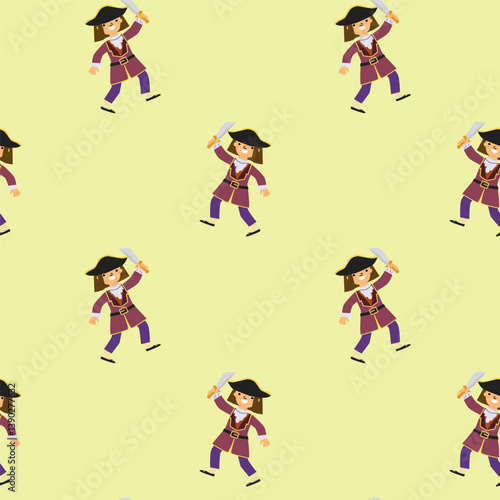 Pirate cartoon pattern on yellow background with playful characters.