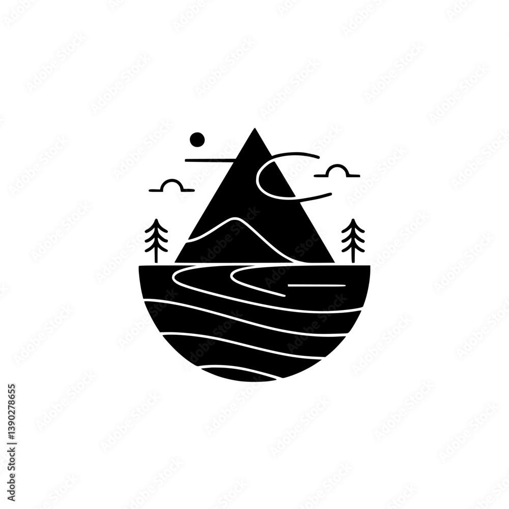 Fototapeta premium Minimalist Mountain Landscape Icon with Trees and Clouds, Flat Design