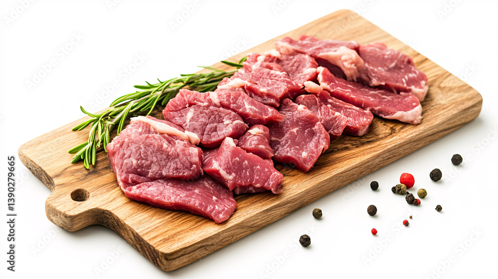Freshly Sliced Raw Meat on Rustic Wooden Cutting Board Freshly Sliced Raw Meat on Rustic Wooden Cutting Board