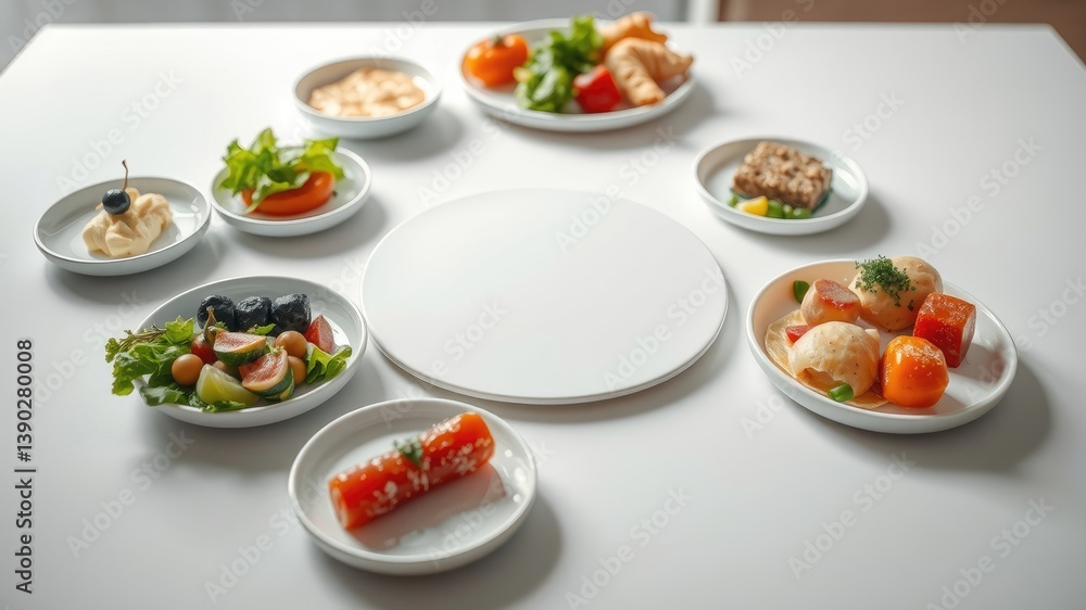 A Table Setting Featuring an Array of Small Plates with Varied Appetizers and a Central, Blank, Round Plate A Table Setting Featuring an Array of Small Plates with Varied Appetizers and a Central, Blank, Round Plate