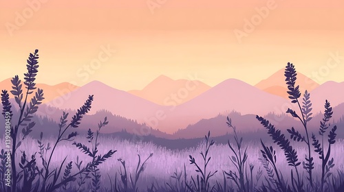 Sunset over purple mountains and field.