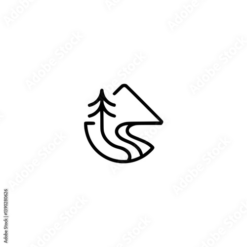 Minimalist Mountain Landscape Logo: Pine, Stream, & Cabin Icon