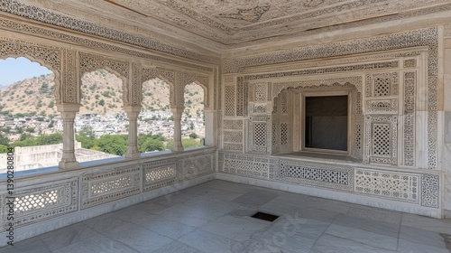 Intricate marble room overlooks city & hills in India. Ornate carvings adorn wall, windows, ceiling