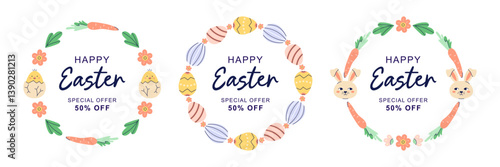 Happy Easter collection of 3 Round frames with chicken, hares and eggs. Design with text for discount. Happy Easter hand drawn card. Flat illustration with partial outline. Vector illustration.