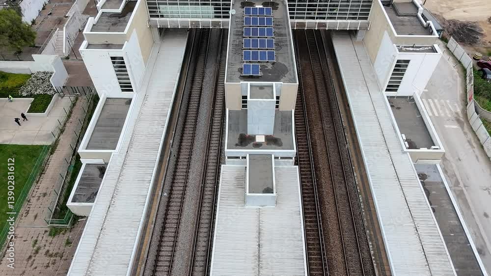 Train station from above showcasing empty platforms and rail tracks in a quiet urban area Train station from above showcasing empty platforms and rail tracks in a quiet urban area