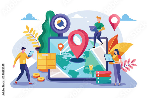 Visual of individuals utilizing digital map app on their devices to navigate and track deliveries, representing modern way of staying connected.