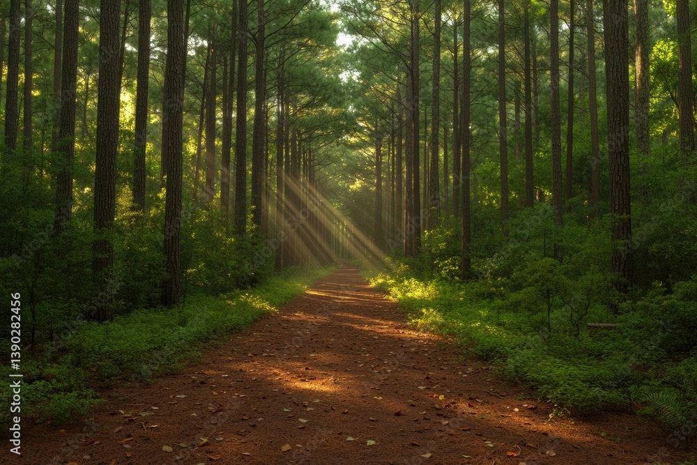 Obraz premium Sunlight filters through tall trees, illuminating serene forest