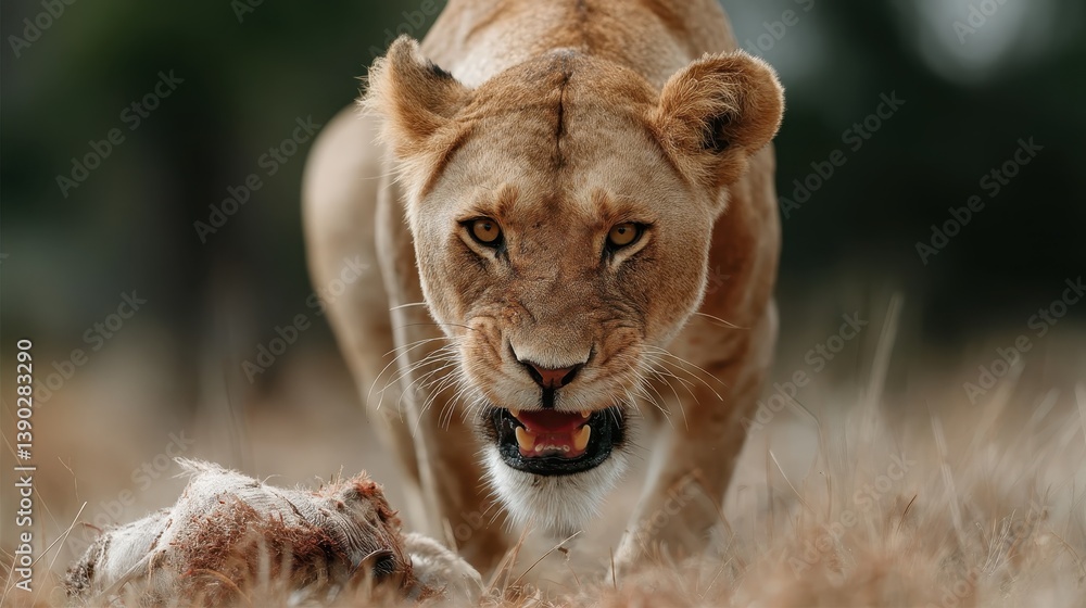 Fototapeta premium A powerful lioness on the prowl, showcasing her raw strength and fierce gaze, symbolizing nature's beauty and the instincts of a predator in the wild.