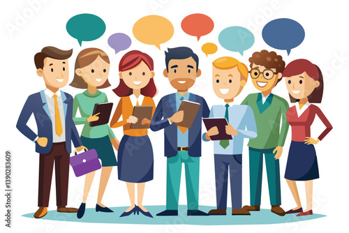 Eight business professionals are smiling, holding notebooks, and surrounded by colorful thought bubbles, indicating a lively and productive team discussion.