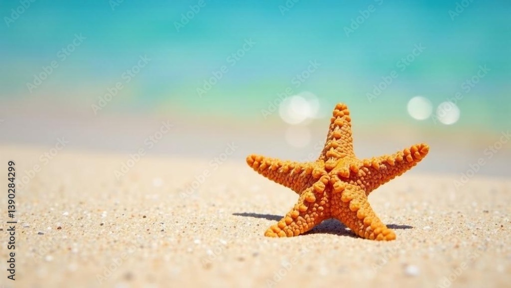 Starfish rests on sandy beach near clear blue water during bright sunny day Starfish rests on sandy beach near clear blue water during bright sunny day