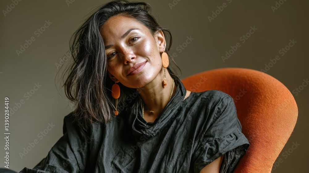 A beautiful woman displays a serene expression while seated in a stylish orange armchair, embodying a casual elegance that evokes a sense of calm and grace in a cozy indoor setting. A beautiful woman displays a serene expression while seated in a stylish orange armchair, embodying a casual elegance that evokes a sense of calm and grace in a cozy indoor setting.
